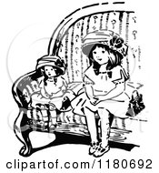 Clipart Of A Retro Vintage Black And White Girl Sitting With Her Doll Royalty Free Vector Illustration