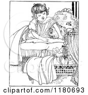 Clipart Of A Retro Vintage Black And White Girl Playing With Her Doll Royalty Free Vector Illustration
