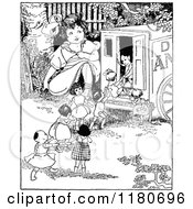 Clipart Of A Retro Vintage Black And White Girl Playing With Her Dolls Royalty Free Vector Illustration