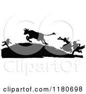 Clipart Of A Silhouetted Couple Chasing A Cow Running Towards A Boy Royalty Free Vector Illustration