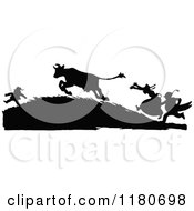 Poster, Art Print Of Silhouetted Couple Chasing A Cow Running Towards A Boy