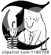 Clipart Of A Retro Vintage Black And White Letter C And Bear With Flower Royalty Free Vector Illustration