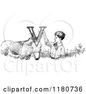 Clipart Of A Retro Vintage Black And White Letter V Boy And Donkey Royalty Free Vector Illustration by Prawny Vintage