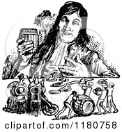 Clipart Of A Retro Vintage Black And White Giant Dining With Little People Royalty Free Vector Illustration by Prawny Vintage