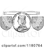 Clipart Of A Retro Vintage Black And White Charles VIII King Of France Coin Banner And Shields Royalty Free Vector Illustration