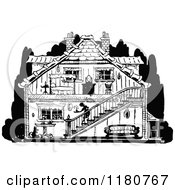 Clipart Of A Retro Vintage Black And White House With Visible Interior Royalty Free Vector Illustration