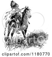 Poster, Art Print Of Retro Vintage Black And White Native American Chief On Horseback