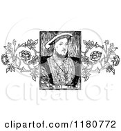 Clipart Of A Retro Vintage Black And White Portrait Of Henry VIII And Roses Royalty Free Vector Illustration