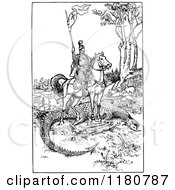Clipart Of A Retro Vintage Black And White Knight Over A Slain Dragon Royalty Free Vector Illustration