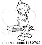 Clipart Of A Retro Vintage Black And White Elf Sitting Royalty Free Vector Illustration