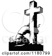 Clipart Of A Retro Vintage Black And White Man Kneeling At A Cross Royalty Free Vector Illustration