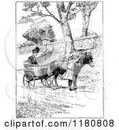 Clipart Of A Retro Vintage Black And White Woman Girl And Horse Drawn Cart Royalty Free Vector Illustration