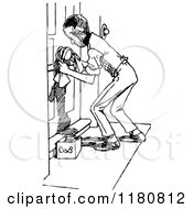 Clipart Of A Retro Vintage Black And White Man Cleaning A Door Royalty Free Vector Illustration