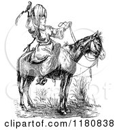 Clipart Of A Retro Vintage Black And White Man With A Knife On Horseback Royalty Free Vector Illustration