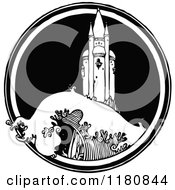 Clipart Of A Retro Vintage Black And White Wave And Tower In A Circle Royalty Free Vector Illustration