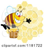 Poster, Art Print Of Happy Waving Bee Flying With A Honey Bucket Over Honeycombs