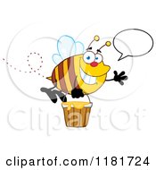 Poster, Art Print Of Happy Talking Waving Bee Flying With A Honey Bucket