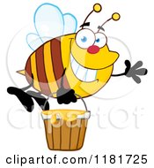 Poster, Art Print Of Happy Waving Bee Flying With A Honey Bucket