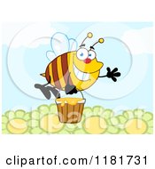 Poster, Art Print Of Happy Waving Bee Flying With A Honey Bucket Over Flowers