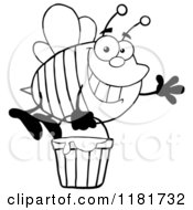 Poster, Art Print Of Happy Waving Black And White Bee Flying With A Honey Bucket