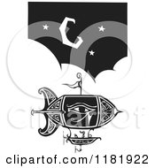 Clipart Of A Blimp Over Puffy Clouds And A Crescent Moon Black And White Woodcut Royalty Free Vector Illustration