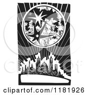 Clipart Of A Cratered Moon Over A City Black And White Woodcut Royalty Free Vector Illustration