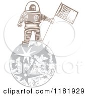 Poster, Art Print Of Male Astronaut Holding A Flag On The Moon Woodcut