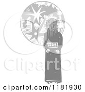 Clipart Of A Shy Girl And The Moon Woodcut Royalty Free Vector Illustration
