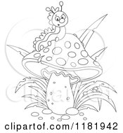 Cartoon Of An Outlined Caterpillar On A Mushroom Royalty Free Vector Clipart