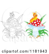 Poster, Art Print Of Outlined And Colored Happy Caterpillar On A Mushroom