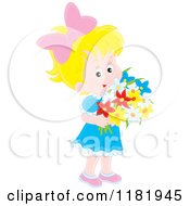 Poster, Art Print Of Cute Blond Girl Holding A Bouquet Of Flowers
