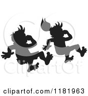 Clipart Of A Silhouetted Swimmer Boy And Girl Plugging Their Noses And Jumping Royalty Free Vector Illustration