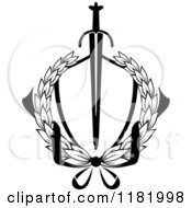 Clipart Of A Heraldic Sword Through A Black And White Laurel Wreath Royalty Free Vector Illustration