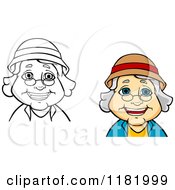 Cartoon Of A Happy Colored And Black And White Senior Woman With Glasses And A Hat Royalty Free Vector Clipart by Vector Tradition SM