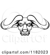 Clipart Of An Aggressive Grayscale Buffalo Head With Long Horns Royalty Free Vector Illustration