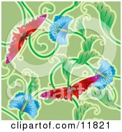 Stunning Red Butterflies And Blue Flower Background