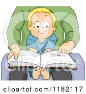 Poster, Art Print Of Happy Blond Toddler Boy Sitting In His Dads Lap And Reading A Story Book
