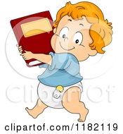 Cartoon Of A Happy Red Haired Toddler Boy Carrying A Book Royalty Free Vector Clipart