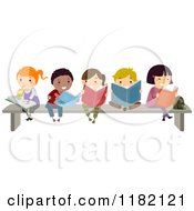 Poster, Art Print Of Group Of Happy Diverse Children Reading Books On A Bench