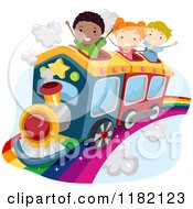 Poster, Art Print Of Happy Diverse School Children Riding A Train On A Rainbow