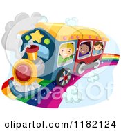 Poster, Art Print Of Happy Diverse School Children Waving And Riding A Train On A Rainbow