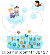 Poster, Art Print Of Happy Diverse School Children In Clouds Fishing For Abc Alphabet Letters