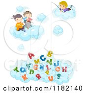Poster, Art Print Of Happy Diverse School Children In Clouds Fishing For Alphabet Letters