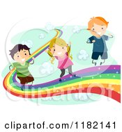 Cartoon Of Happy Children On A Rainbow Road In The Clouds Royalty Free Vector Clipart