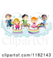 Cartoon Of Happy Diverse Children On Clouds With A Rainbow Royalty Free Vector Clipart