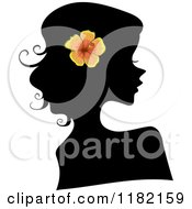 Cartoon Of A Black Silhouetted Woman With An Orange Hibiscus Flower In Her Hair Royalty Free Vector Clipart