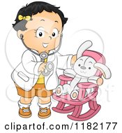 Poster, Art Print Of Happy Toddler Girl Pretending To Be A Doctor For Her Stuffed Bunny