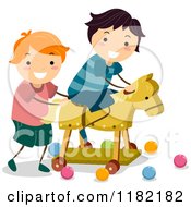 Cartoon Of Boys Playing With A Wooden Horse Royalty Free Vector Clipart