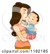 Poster, Art Print Of Brunette Mom Kissing Her Toddler Boy On The Cheek