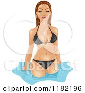 Cartoon Of A Brunette Woman Wading In A Black Bikini Bathing Suit Royalty Free Vector Clipart